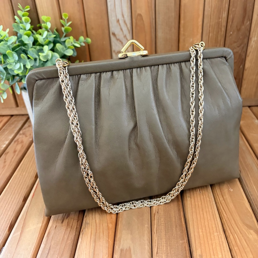 Vintage MARDANE Taupe Leather KissLock Clutch Chain Strap w built in Mirror Bag